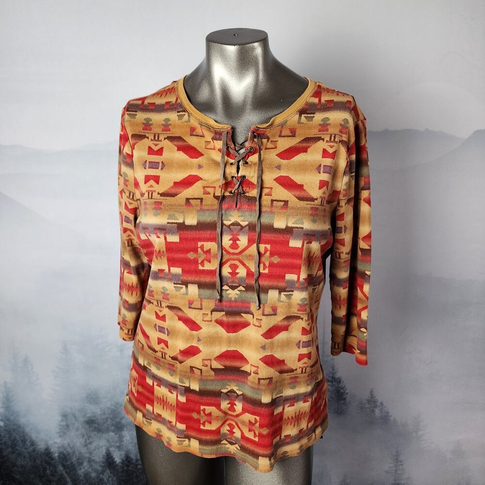 Vintage Chaps Denim Lace Up Western / Aztec Print 3/4 Top | Women's 1X